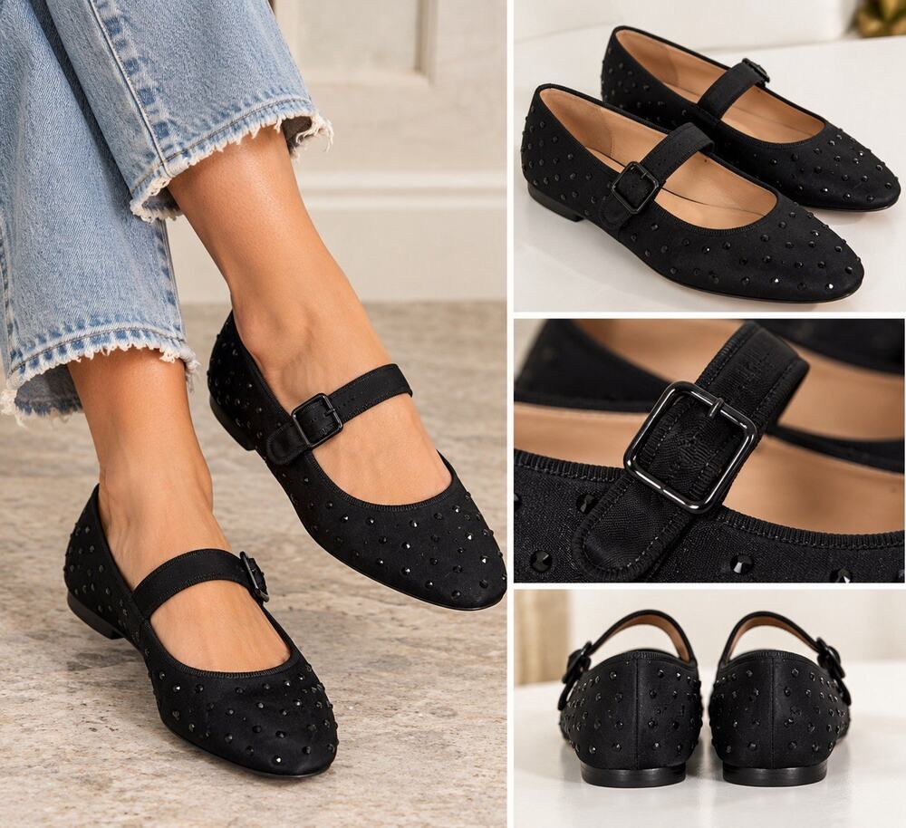 J.CREW Black Studded Satin Mary Jane Flats Size 8